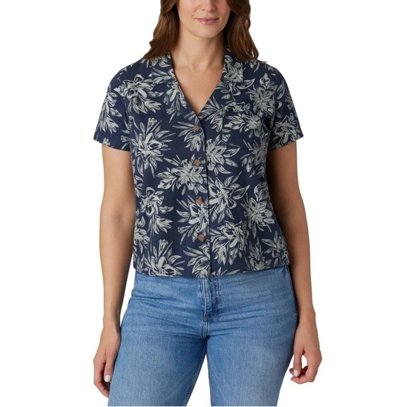 Hang Ten Women's XXL Navy Floral Button Up Short Sleeve Shirt Top Linen Hawaiian - Picture 1 of 10